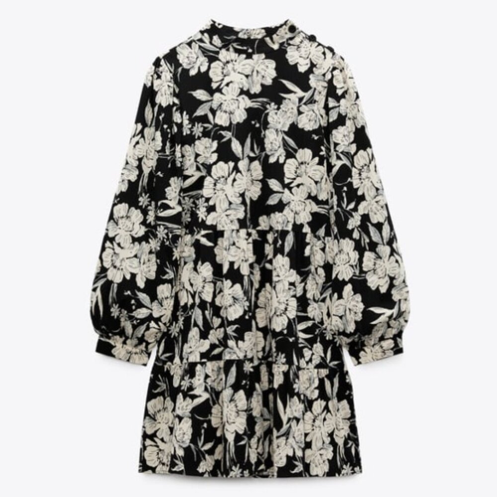 Zara High Neck Floral Black and White Mini Dress size XS